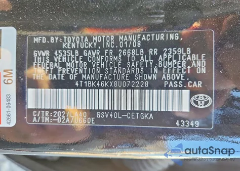 2008 Toyota Camry Le from USA, damaged, VIN 4T1BK46KX8U072228
